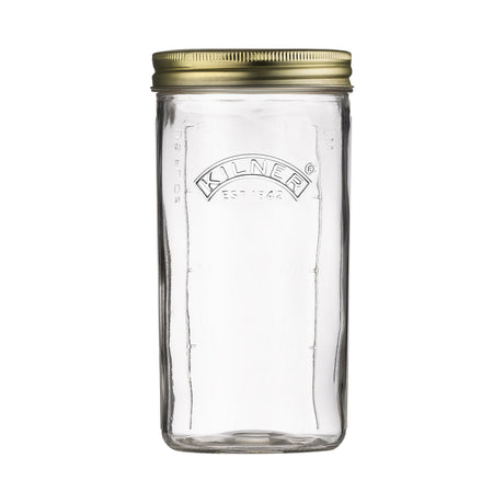 Clear Kilner wide-mouth canning jar with glass lid, ideal for preserving fruits and jams, shown with transparent glass surface.