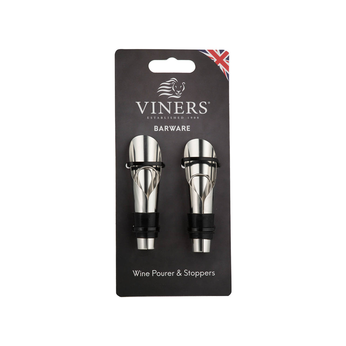 Silver VINERS pourer and stopper set with a sleek, polished design, ideal for wine bottles.