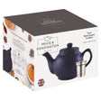 Blue P & K teapot with built-in infuser for brewing tea, shown with six matching cups and a stainless steel filter.
