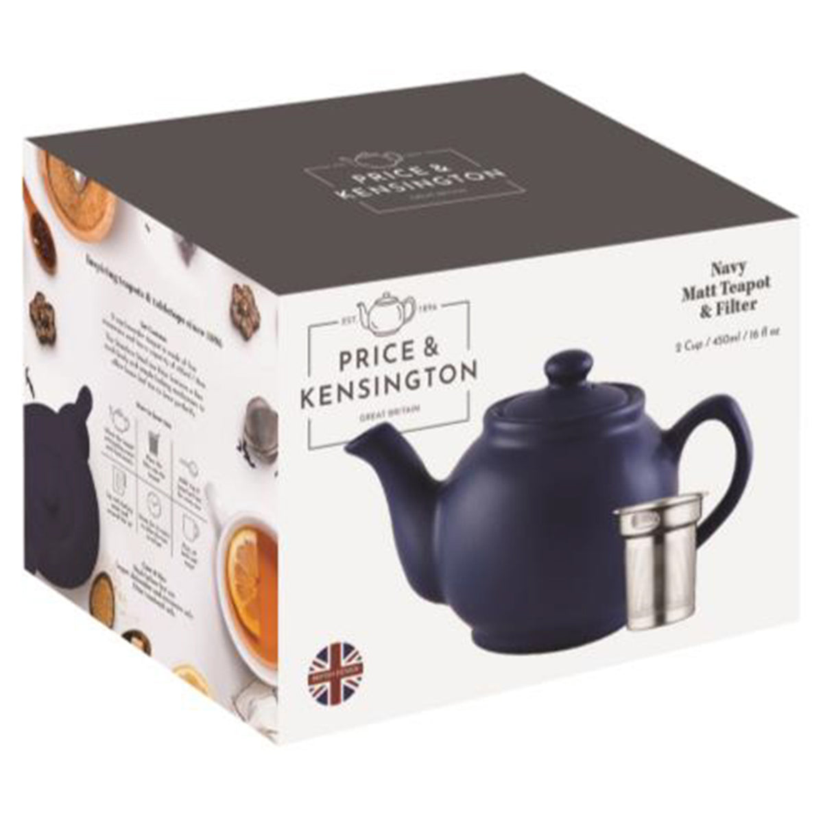 Blue P & K teapot with built-in infuser for brewing tea, shown with six matching cups and a stainless steel filter.