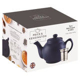 Blue P & K teapot with built-in infuser for brewing tea, shown with six matching cups and a stainless steel filter.
