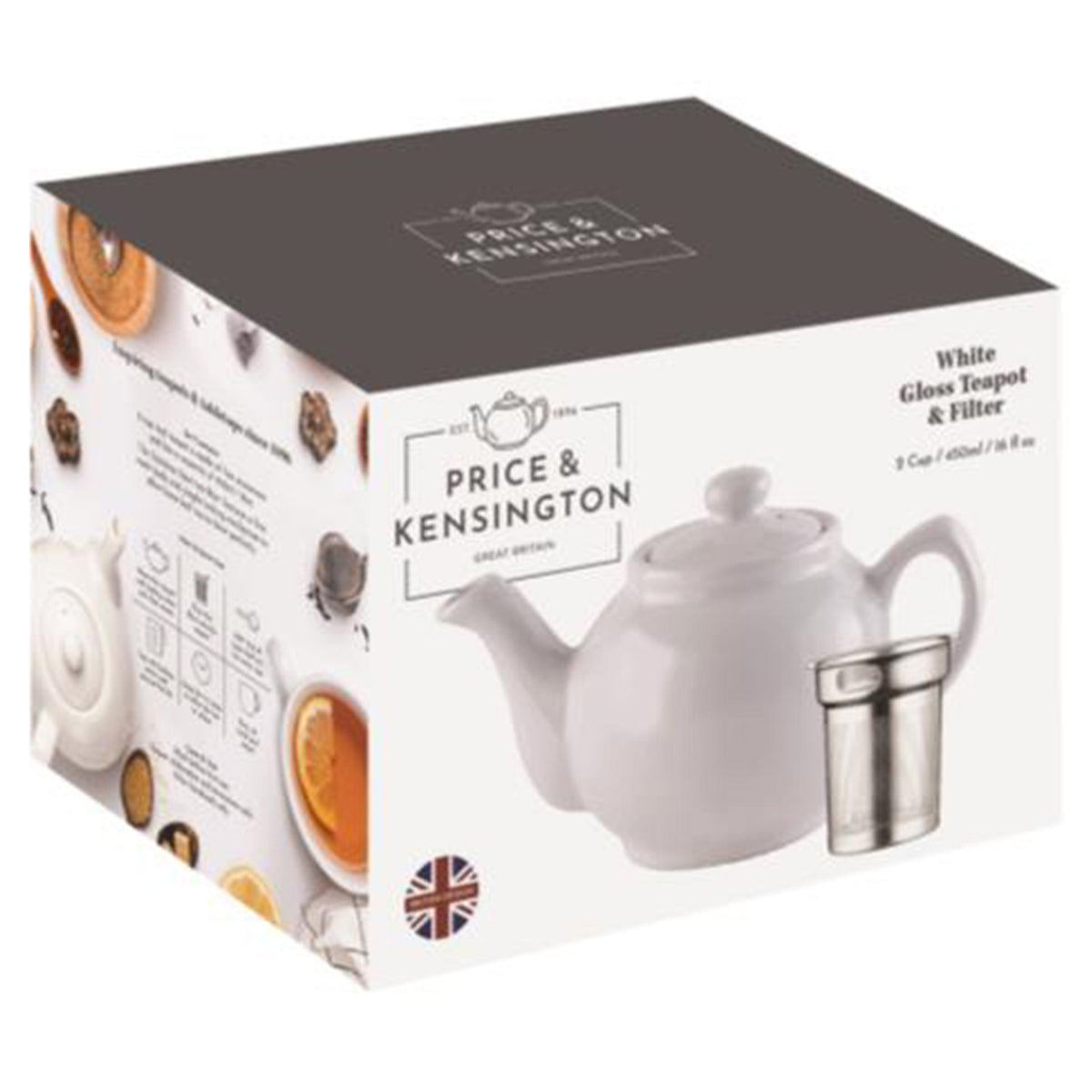 White P & K teapot with infuser for 6 cups, designed for brewing tea, shown with a built-in strainer and a classic shape.