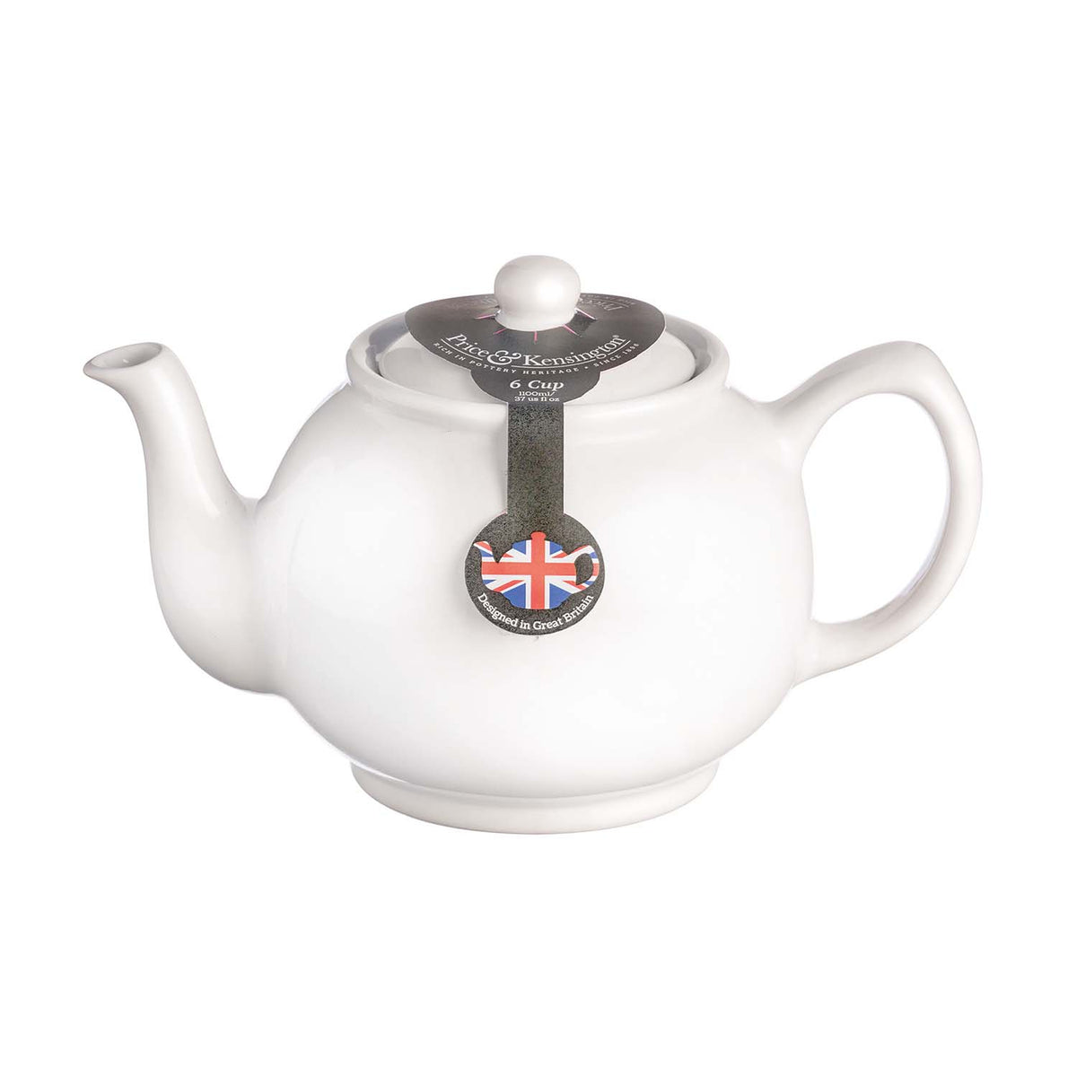 White P & K teapot with infuser and six cups, ceramic tea set with lid and handle, ideal for brewing and serving tea.