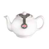 White P & K teapot with infuser and six cups, ceramic tea set with lid and handle, ideal for brewing and serving tea.