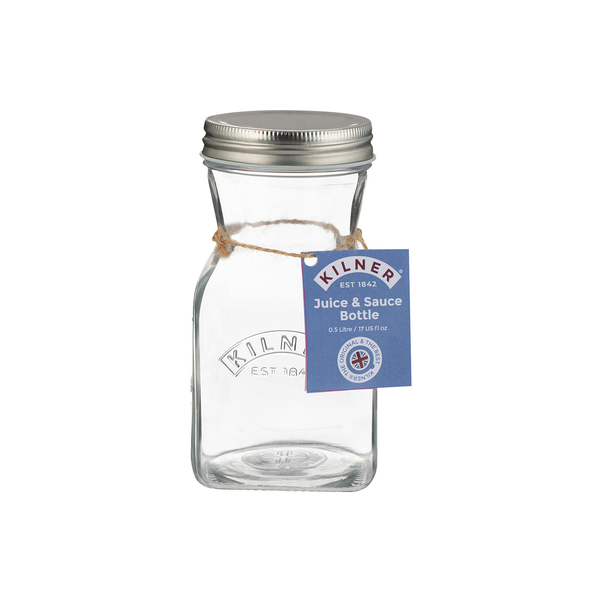 KILNER glass juice bottle with screw cap, transparent container for storing fresh juice or homemade beverages.