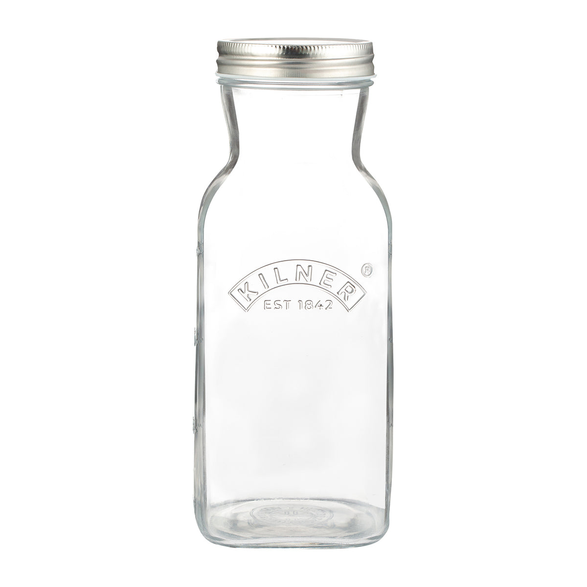 KILNER glass juice bottle with a clear, cylindrical design and metal screw cap for storing fresh fruit juices.