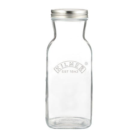 KILNER glass juice bottle with a clear, cylindrical design and metal screw cap for storing fresh fruit juices.