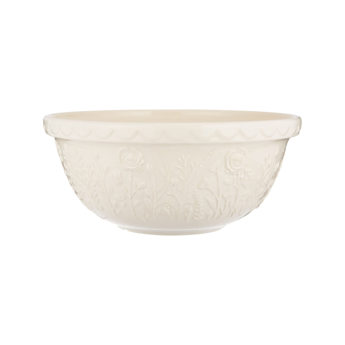 Clear glass mixing bowl from Mason Cash In The Meadow collection, transparent with floral pattern, ideal for baking and prep.