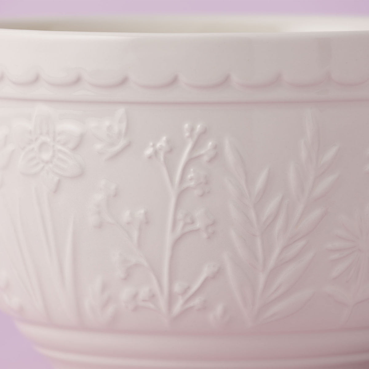 Mason Cash In The Meadow transparent mixing bowl with floral design and sturdy ceramic construction.