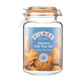 KILNER clear square canning jar with metal clip lid for preserving and storing food, made of durable glass.