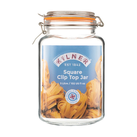 KILNER clear square canning jar with metal clip lid for preserving and storing food, made of durable glass.