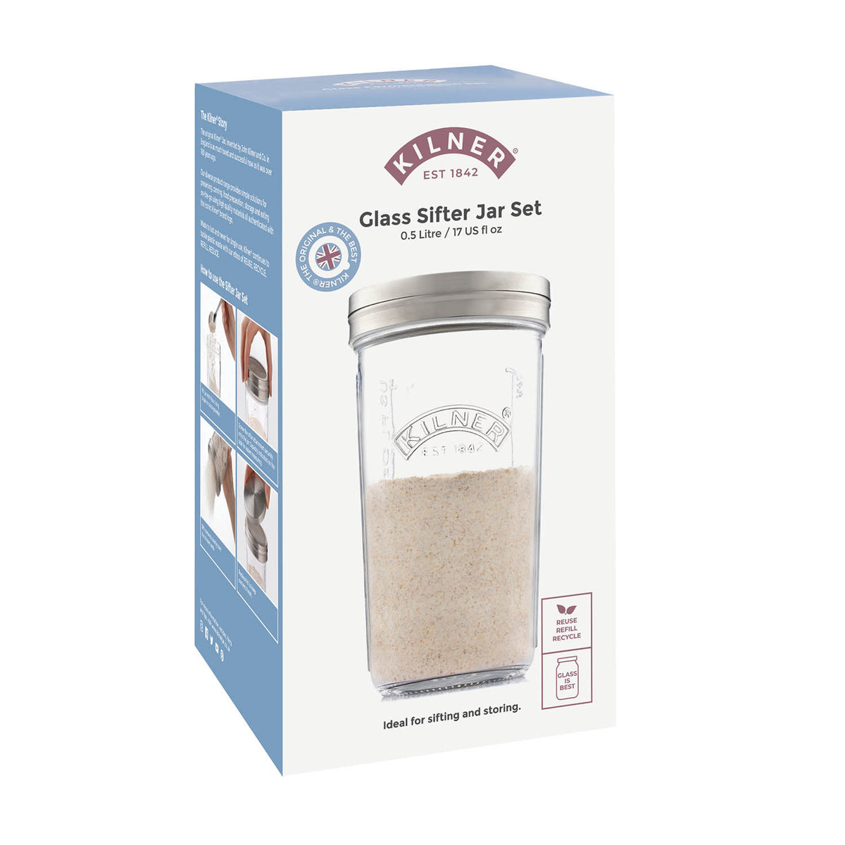 KILNER 0.5L square storage jar with sieve lid, clear glass container for kitchen storage and food preservation.