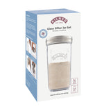 KILNER 0.5L square storage jar with sieve lid, clear glass container for kitchen storage and food preservation.