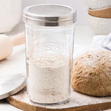 KILNER 0.5L square storage jar with sieve lid, clear glass, ideal for preserving and storing dry foods or liquids.
