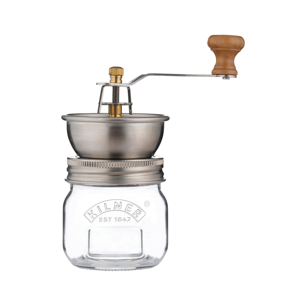 KILNER spice mill jar with clear 250ml glass container and adjustable grinder for herbs and spices.