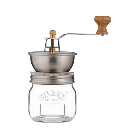 KILNER spice mill jar with clear 250ml glass container and adjustable grinder for herbs and spices.