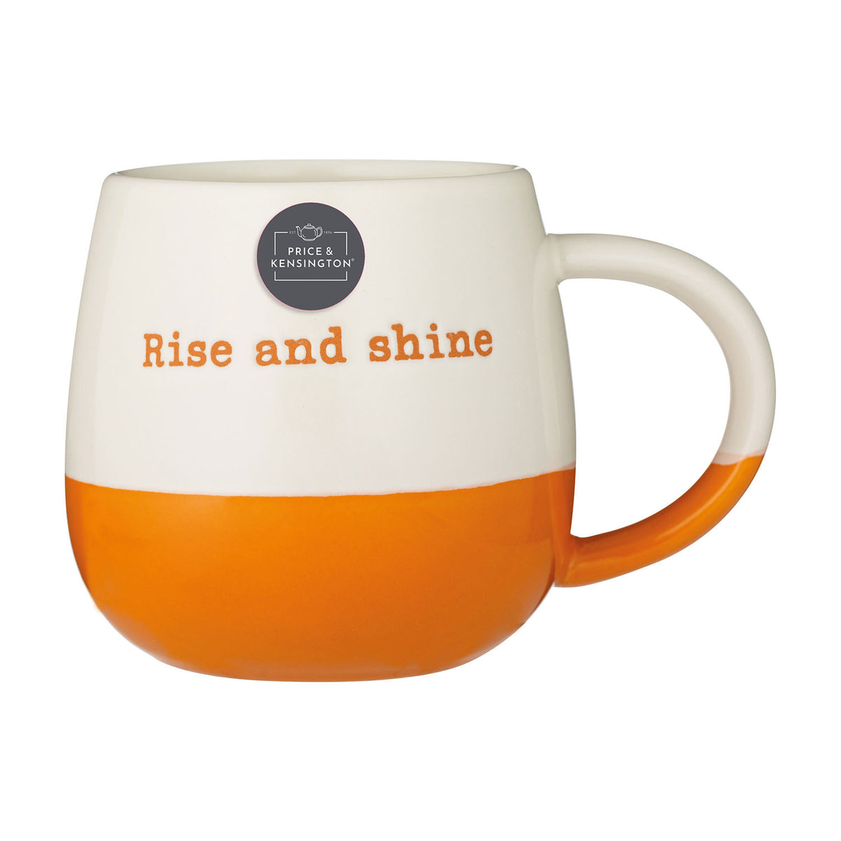 Orange P & K Rise and Shine tasse with bold lettering on a ceramic mug, perfect for morning coffee or tea.