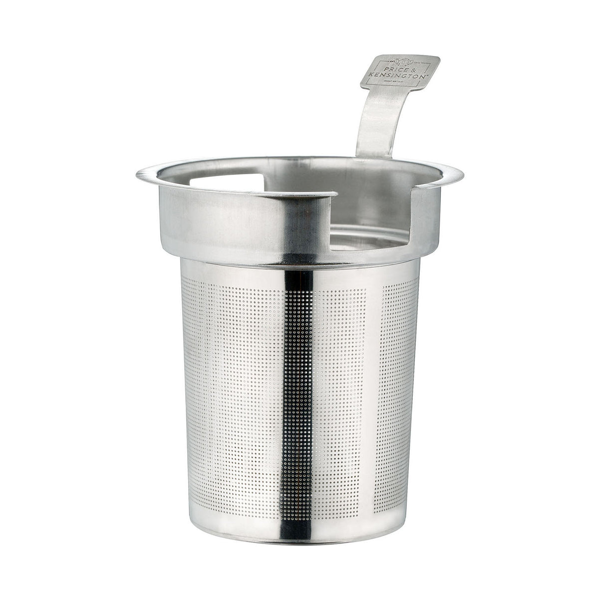 P & K stainless steel tea strainer with fine mesh for brewing loose leaf tea, shown on white background.