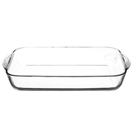 Rectangular Mason Cash Classic glass baking dish with clear sides, ideal for oven use and meal preparation.