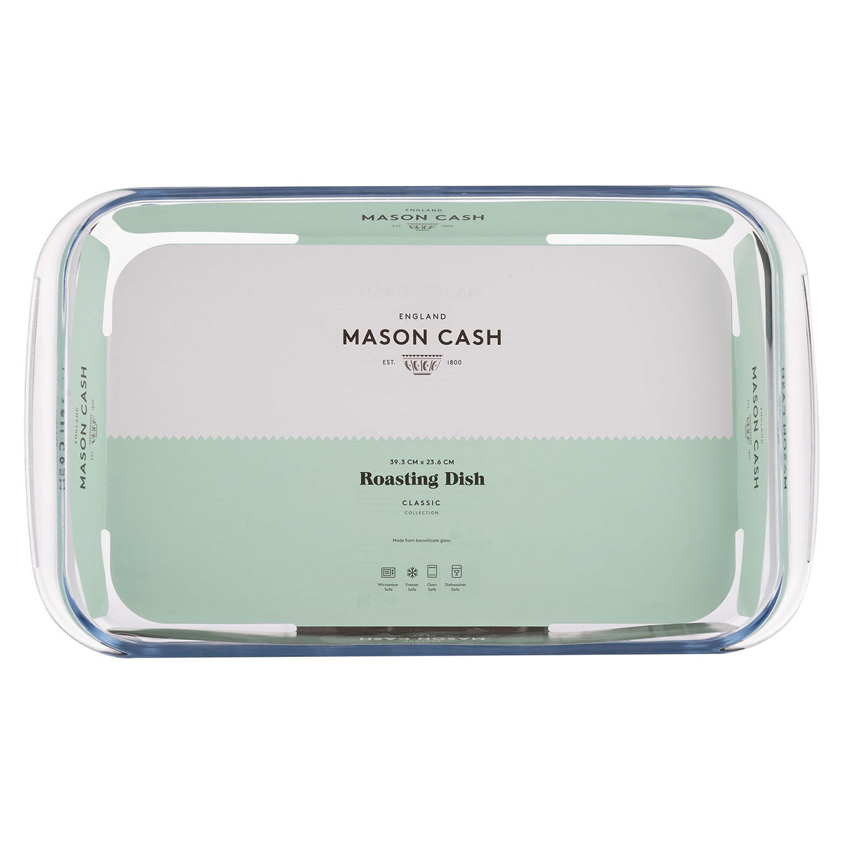 Rectangular Mason Cash Classic ceramic baking dish with clear glass finish, ideal for oven baking and serving.