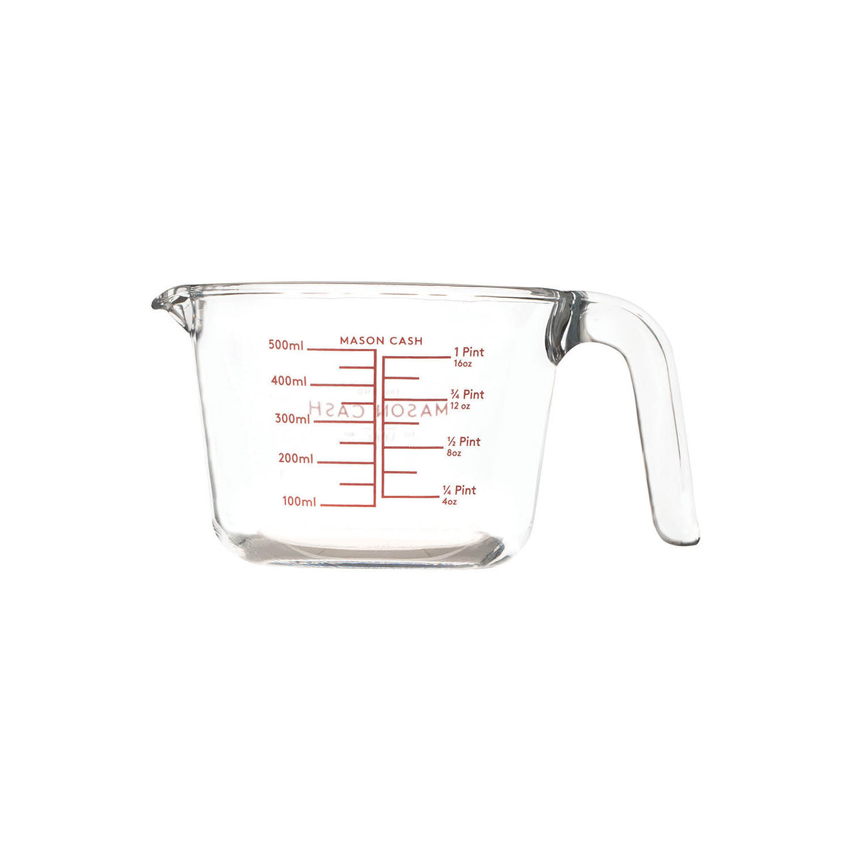 Clear Mason Cash classic measuring jug with measurement markings and handle, made of transparent plastic for precise liquid measurement.