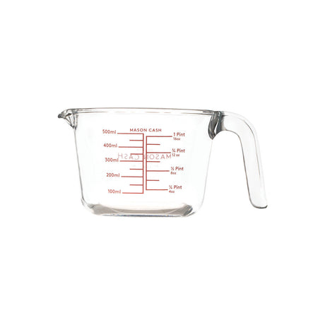 Clear Mason Cash classic measuring jug with measurement markings and handle, made of transparent plastic for precise liquid measurement.