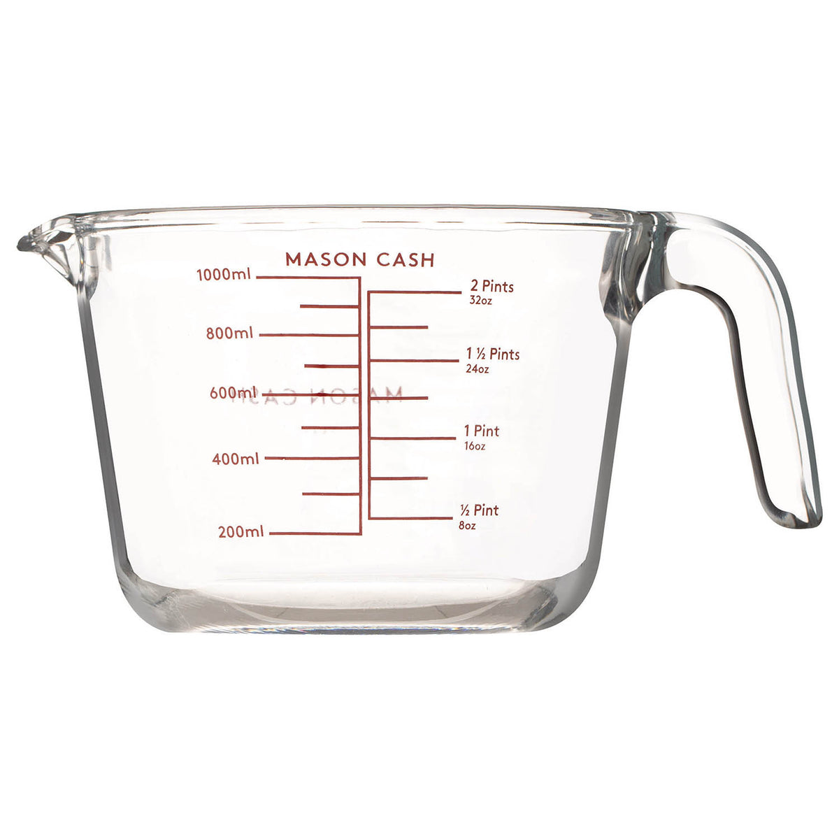 Clear Mason Cash classic measuring jug with measurement markings and a handle, suitable for liquid and dry ingredient measurements.