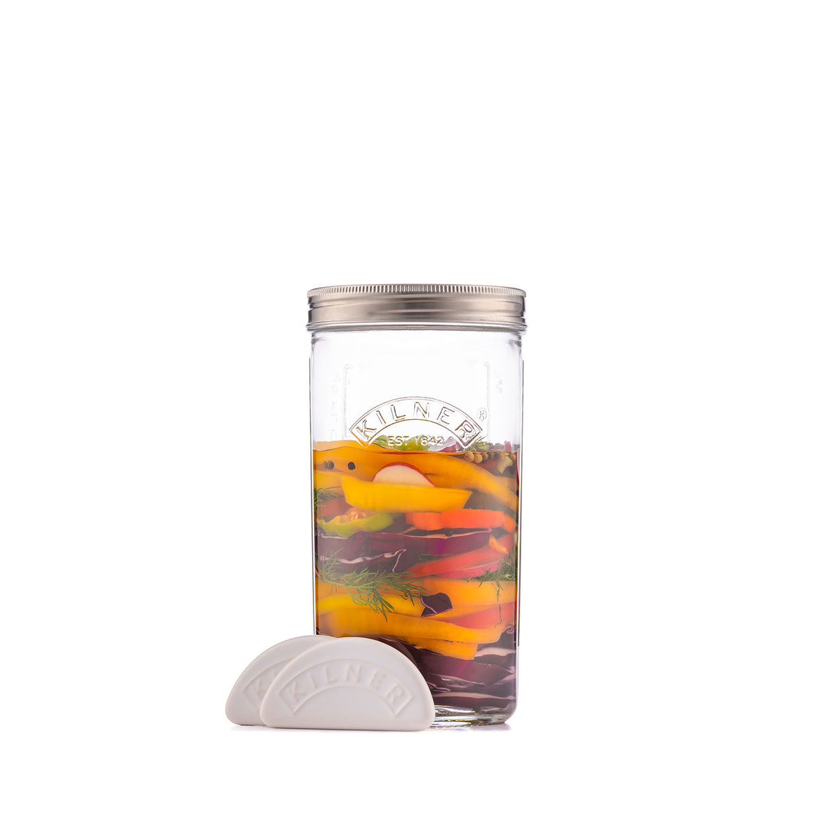Small 1L KILNER fermenting jar with glass lid and airlock for home fermentation processes.