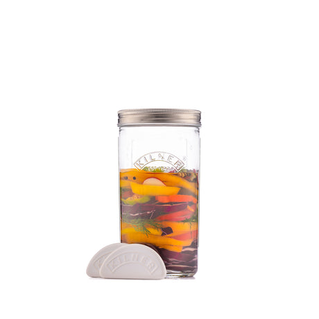 Small 1L KILNER fermenting jar with glass lid and airlock for home fermentation processes.