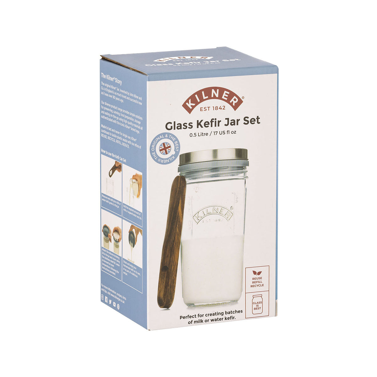 KILNER Kefir-Set with 500 ml kefir starter culture and jar, featuring glass container and brewing supplies for homemade kefir.