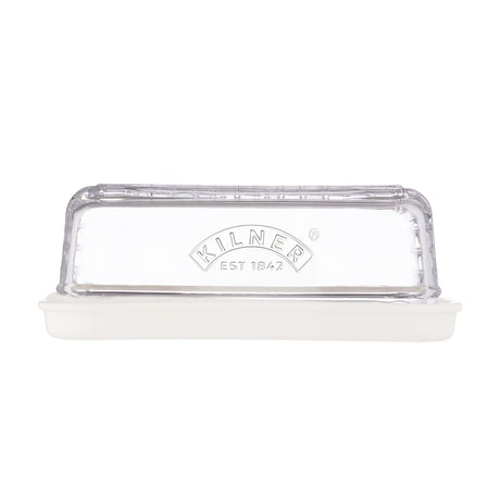 Clear KILNER cheese dome lid for 24 cm cheese, made of glass with a round shape and smooth edge for cheese storage.