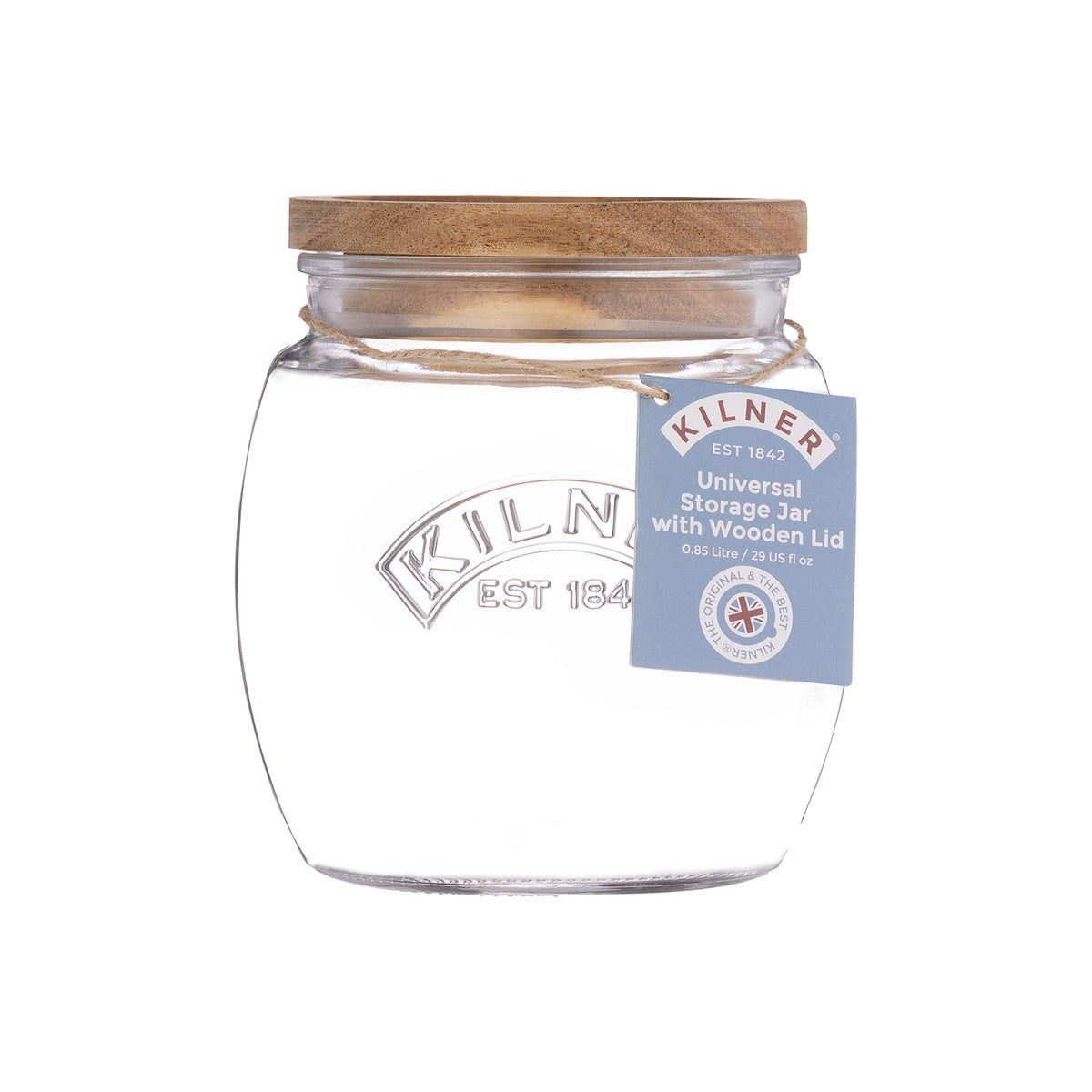 KILNER universal storage jar with clear glass body and metal lid for pantry organization and food storage.