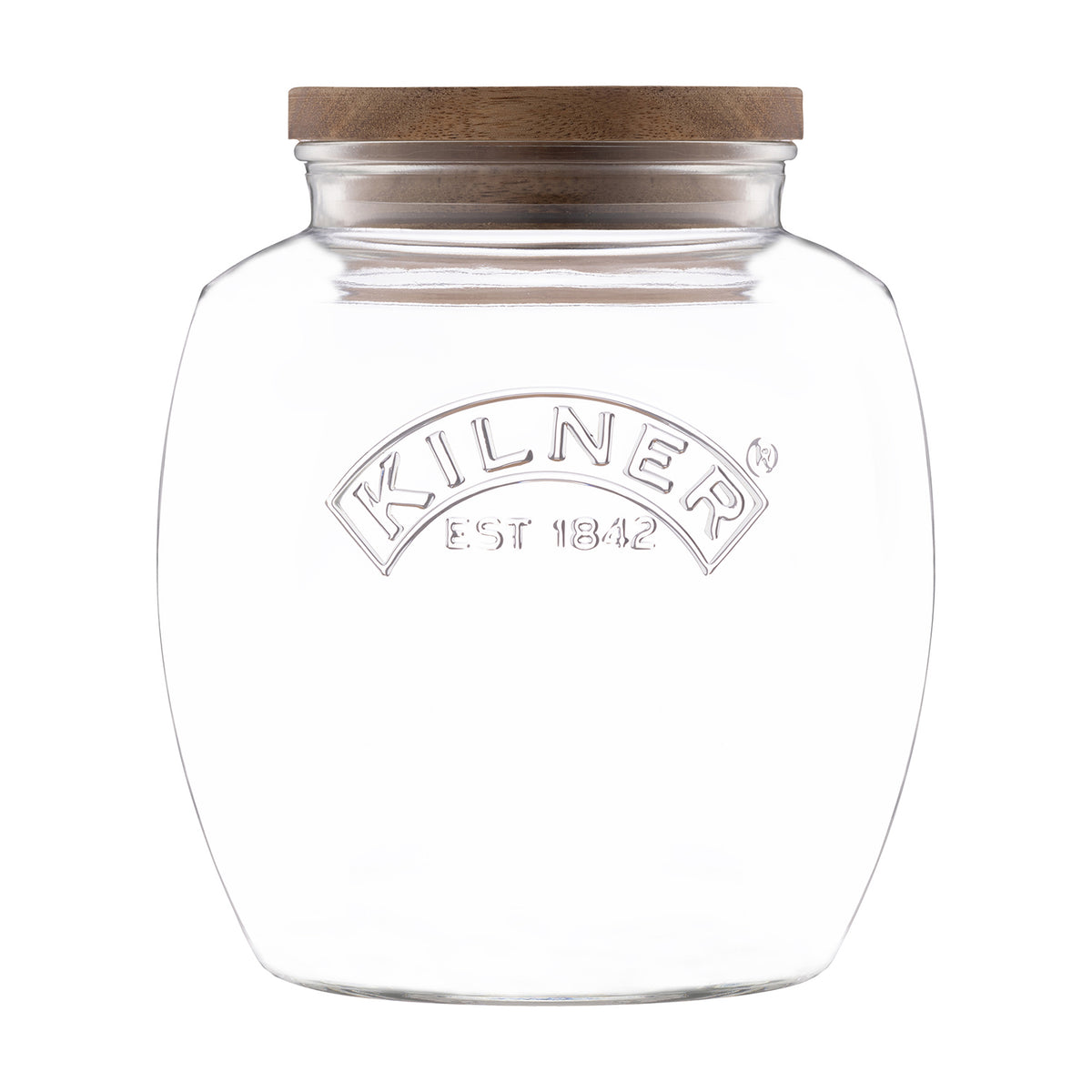 KILNER universal storage jar, clear glass container with a metal lid for pantry organization and food storage.