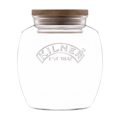 KILNER universal storage jar, clear glass container with a metal lid for pantry organization and food storage.