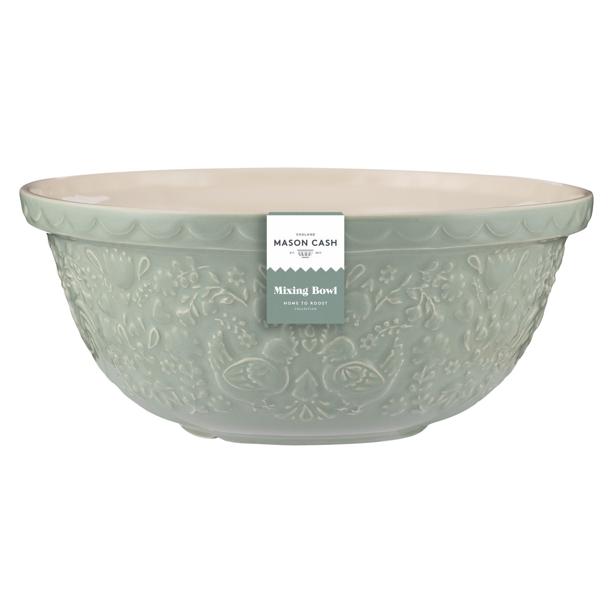 Orange Mason Cash mixing bowl with "Home to Roost" design, ceramic material, and a smooth, rounded shape for baking and cooking.