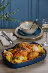 Mason Cash rustic charm blue casserole dish for baking and serving, with a glazed ceramic finish and classic design.