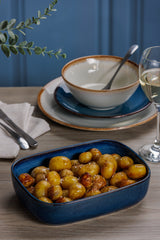 Mason Cash Rustic Charm blue casserole dish, ceramic baking dish with rustic design and blue glaze, ideal for baking and serving.