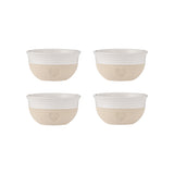 Set of four beige Mason Cash rustic charm bowls with a classic, handcrafted design for serving and mixing.