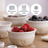 Set of four Mason Cash Rustic Charm beige bowls, ceramic kitchenware with a rustic design, suitable for serving or mixing.