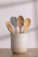 Mason Cash Rustic Charm beige utensil holder with wooden spoon and spatula, ceramic kitchen storage container.