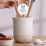 Mason Cash rustic charm beige utensil holder with a textured ceramic finish, ideal for kitchen utensil organization.