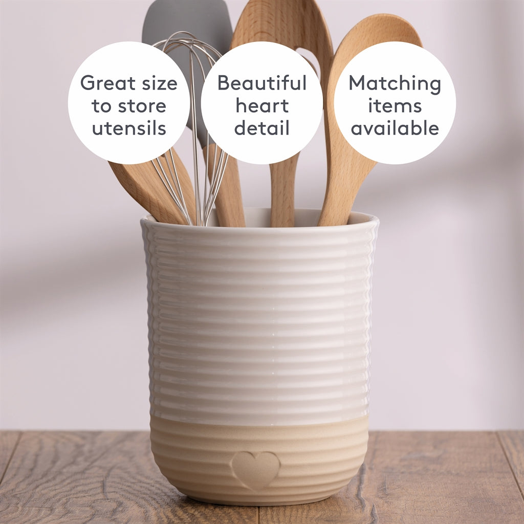 Mason Cash rustic charm beige utensil holder with wooden accents, ideal for organizing kitchen utensils.