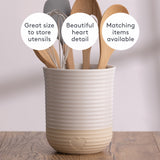 Mason Cash rustic charm beige utensil holder with wooden accents, ideal for organizing kitchen utensils.