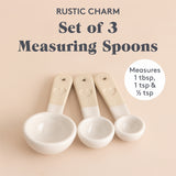 Mason Cash rustic beige 3-piece measuring spoon set with wooden handles, perfect for precise cooking and baking measurements.