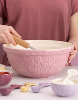 Transparent Mason Cash mixing bowl with floral meadow design, large and durable for baking and kitchen use.