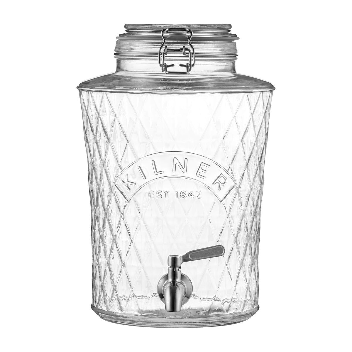 KILNER Diamond drink dispenser with a clear glass body, metal spigot, and a sturdy lid for serving beverages at gatherings.