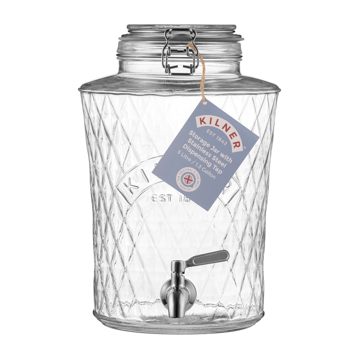 KILNER Diamond beverage dispenser with clear glass body, metal spigot, and screw-top lid for serving drinks.