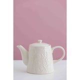 Mason Cash In The Meadow white teapot with two matching teacups, decorative floral design, ceramic tea set for serving tea.
