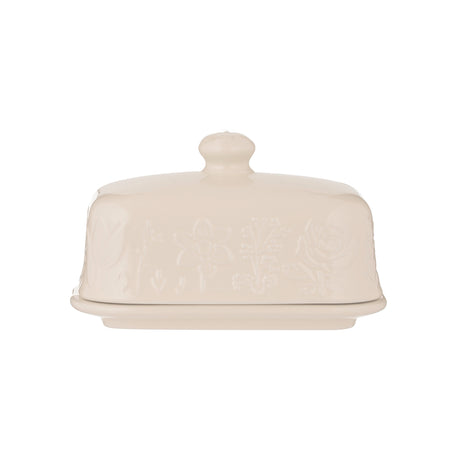 Mason Cash butter dish in In The Meadow design, white ceramic butter container with floral pattern and matching lid.