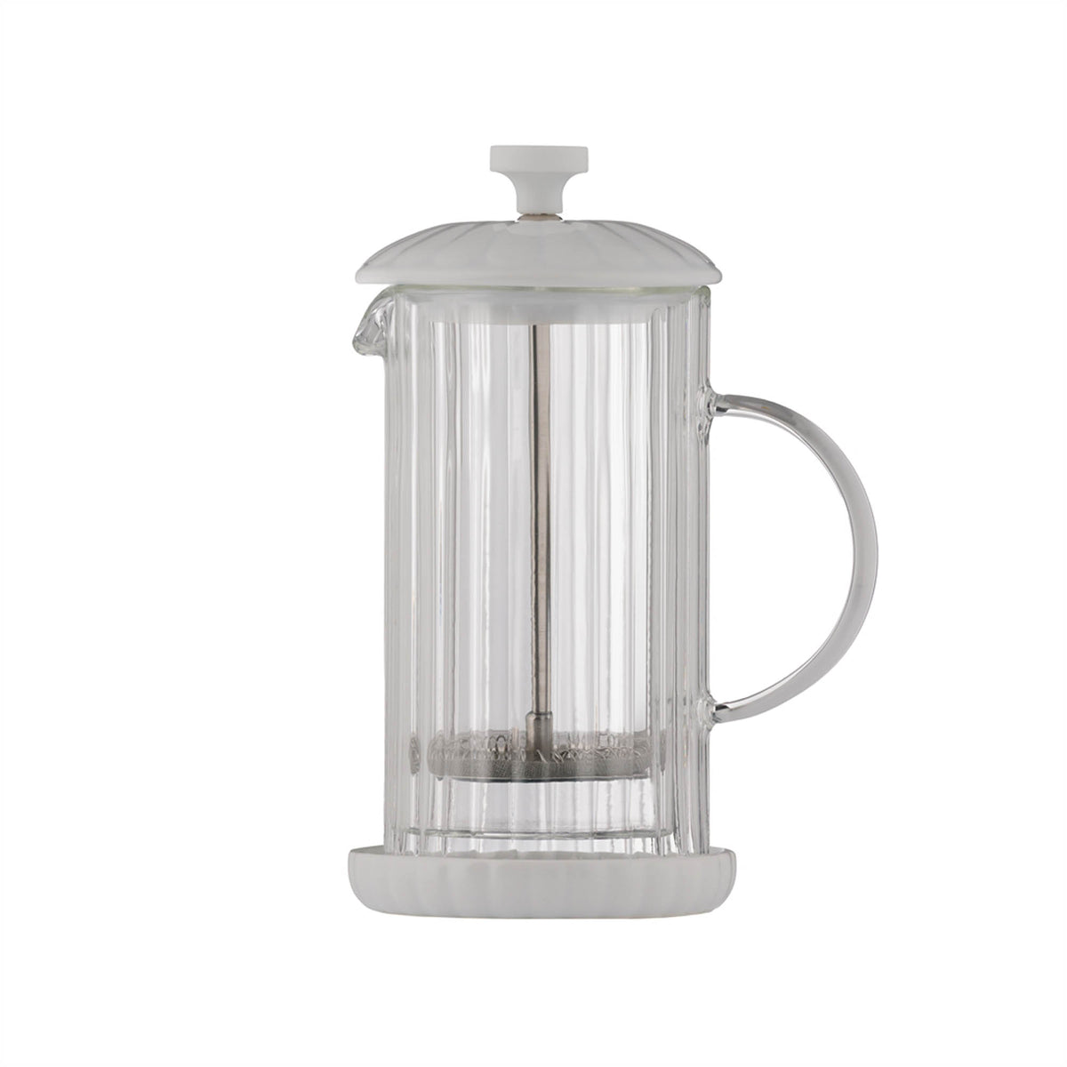 P & K French Press Luxe in white with glass carafe and stainless steel handle for brewing coffee or tea.